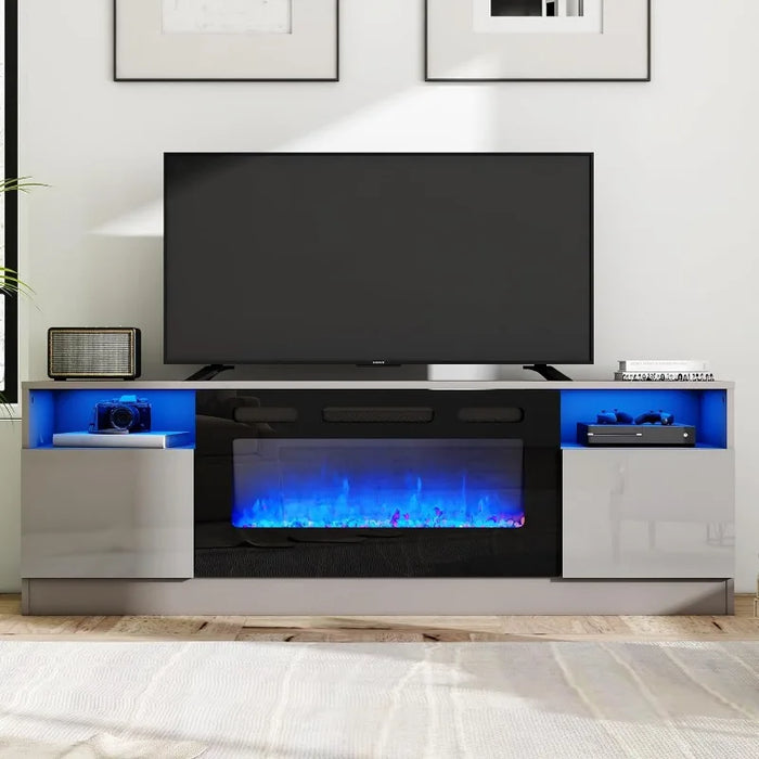 LED Light Entertainment Center 70" Modern Wood Entertainment Stand with Highlight Storage Cabinet for TVs up to 80"