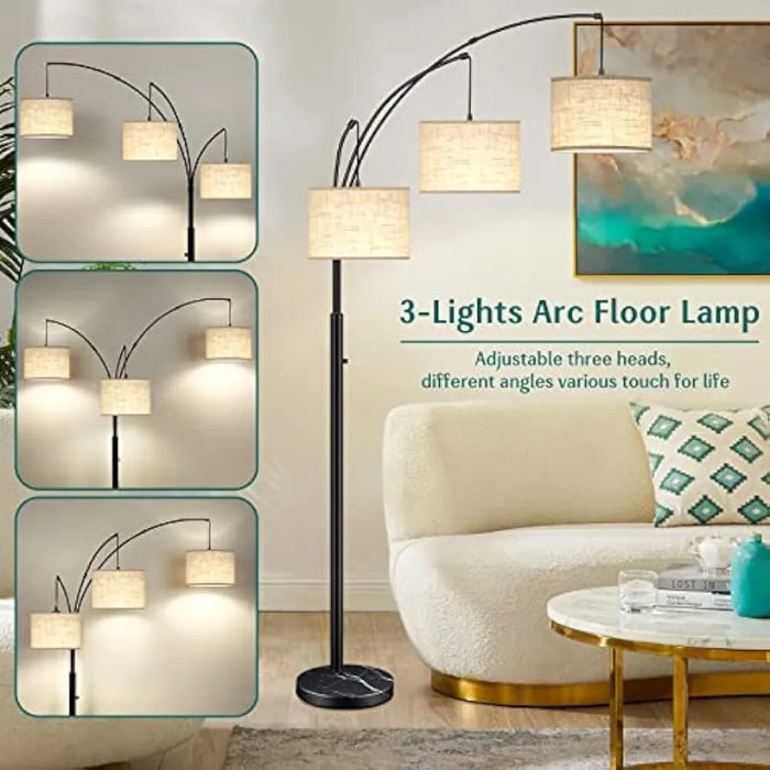Modern Dimmable Floor Lamp with Adjustable Hanging Fabric Shades, 3-Light Arc Tall Standing  Lamp, 3 LED Bulbs Included