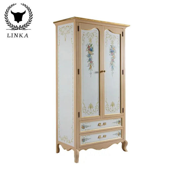 Luxury French art hand-painted all solid wood double door wardrobe exquisite hand pasted gold foil bedroom lockers