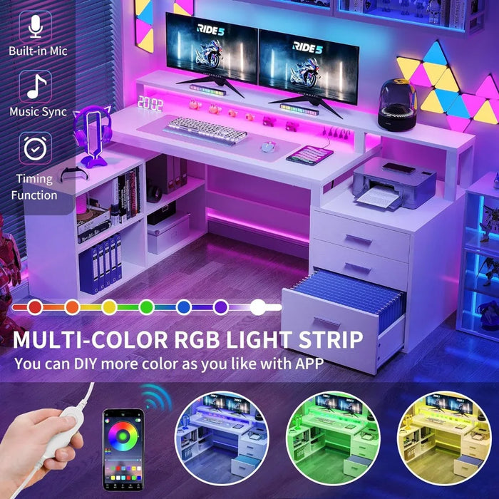 L Shaped Desk with Power Outlets LED Lights File Cabinet,65"Computer Desk Corner Desk with 3 Drawers and 4 Storage Shelves,White