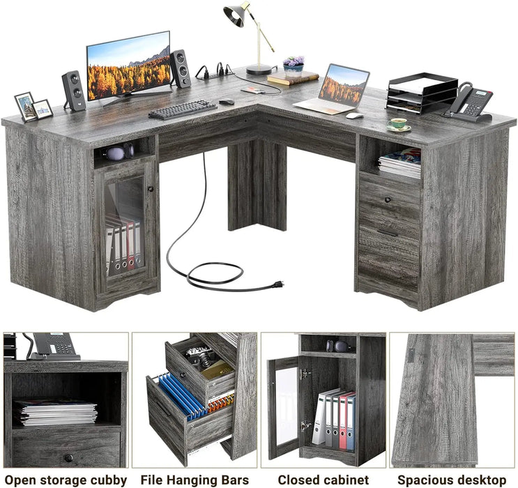 L Shaped Desk with Drawers, 60 Inch Corner Computer Desks with USB Charging Port and Power Outlet