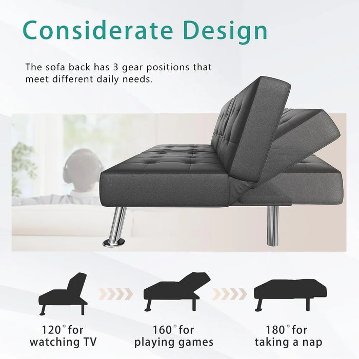 Futon Sofa Bed Modern Faux Leather Couch, Convertible Folding Futon Couch Recliner Lounge  with 2 Cup Holders with Armrest