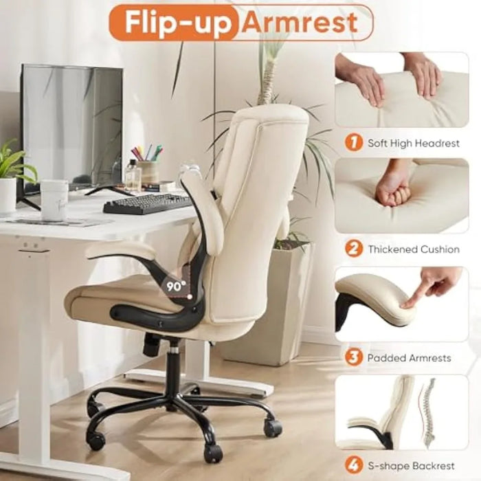 Office Chair Cream Ergonomic High Back Heavy Duty Task Chair With Flip-up Arms PU Leather Free Shipping Chairs Swivel Furniture