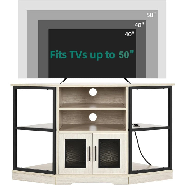 TV Bench with Power Outlet, Media Console Table with 6 Open Storage Shelves for Living Room, Corner TV Stand, 47" White Oak