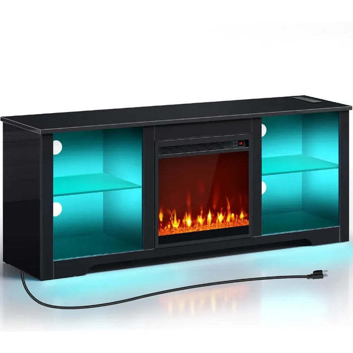 Modern TV Console With Glass Shelves Tv Stand Living Room Furniture Entertainment Center With Electric Fireplace Glossy Black