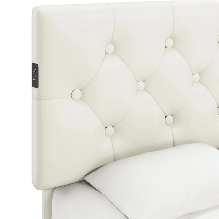 Faux Leather Upholstered Bed With 4 Storage Drawers and USB Ports Beige Cabin Bed Base & Frame Queen Bedroom Beds & Furniture