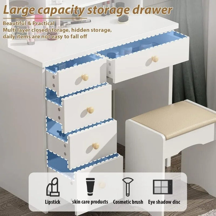 FUFU&GAGA Vanity Set with Round Mirror, Makeup Vanity Dressing Table with 5 Drawers, Dresser Desk and Cushioned Stool Set