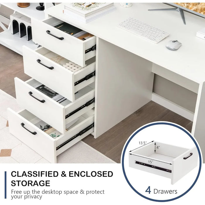 Tangkula White Desk with 4 Storage Drawers, Home Office Writing Desk, Modern Executive Desk, Laptop PC Desk, Vanity Makeup