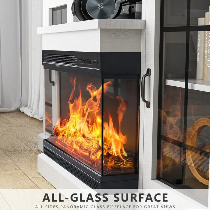 59'' Fireplace TV Stand,3-Sided Glass Media Entertainment Center Console Table for TVs up to 65'' with Glass Door Closed Storage