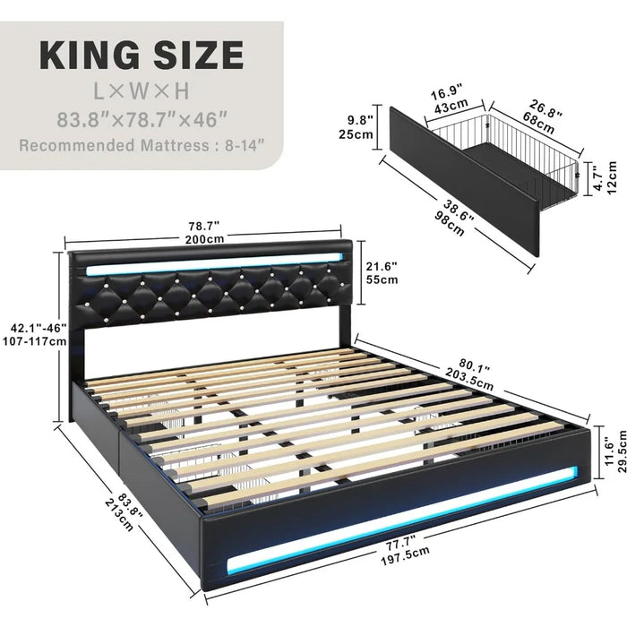 King Size Bed Frame with 4 Drawers, LED Lights , with Adjustable Crystal Button Tufted PU Leather Headboard, No Box Spring Neede