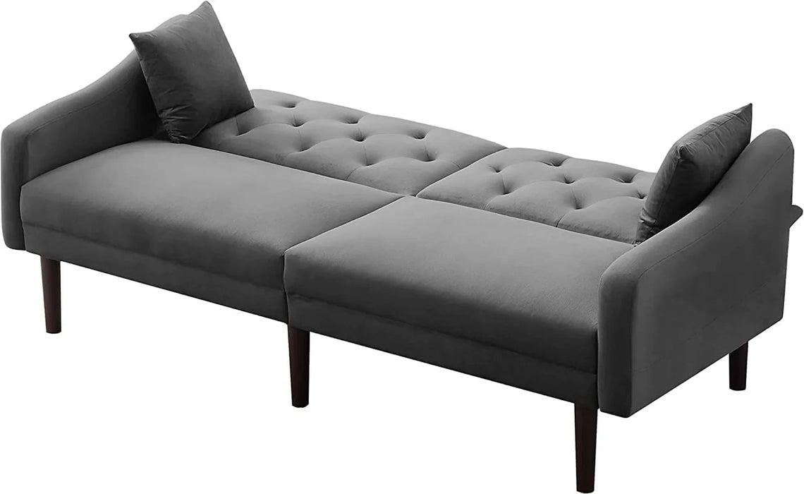 DNYN Convertible Sleeper Futon Sofa with 2 Pillows, Velvet Tufted Couch w/Metal Legs and Adjustable Backrest,Gray
