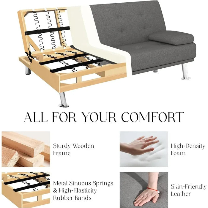 Futon Sofa Bed, Linen Fabric Futon Sofa Bed with 2 Cup Holders and Pillows, Convertible Folding Futon Couch