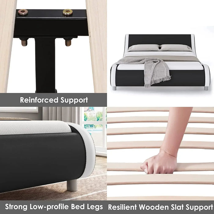 Platform Bed Frame with Faux Leather Curved Headboard Plank Support No Spring Required, Easy to Assemble