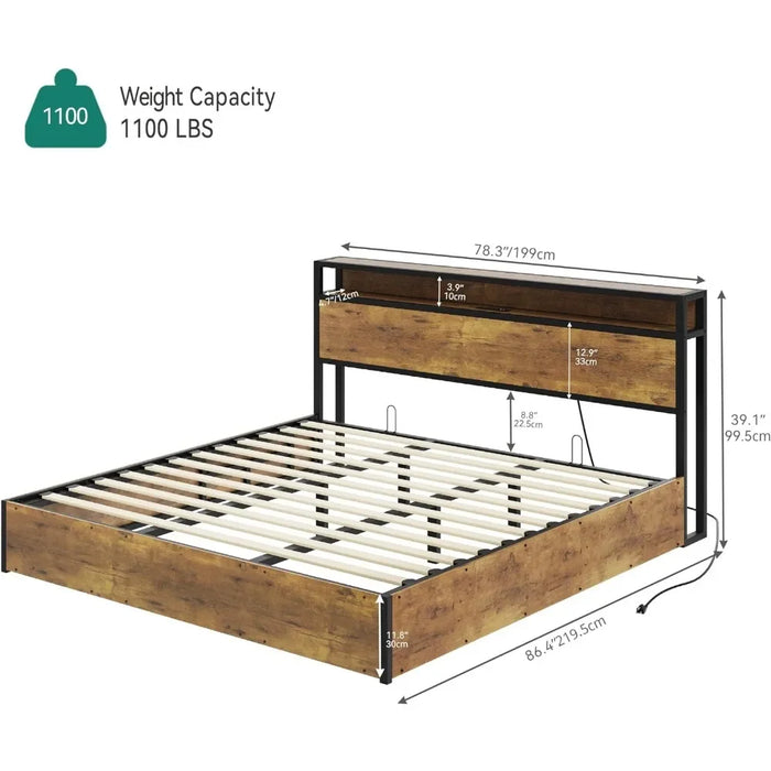 Lifting storage bed frame, bed frame with double storage shelf headboard, LED light platform bed frame with charging station