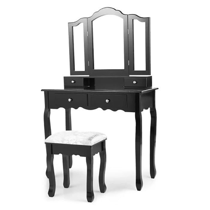 GERICCO Nordic Dressing Table Wooden Vanity Table with Three-fold Mirror Upholstered Stool Luxury Bedroom Furniture Vanity Set