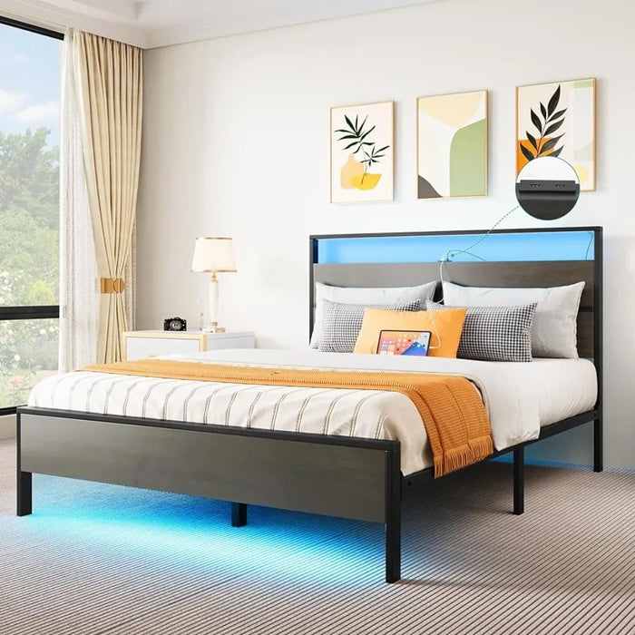 Queen size bed frame, LED with 2 USB ports, sturdy metal slats support, platform bed frame with storage gap under the bed