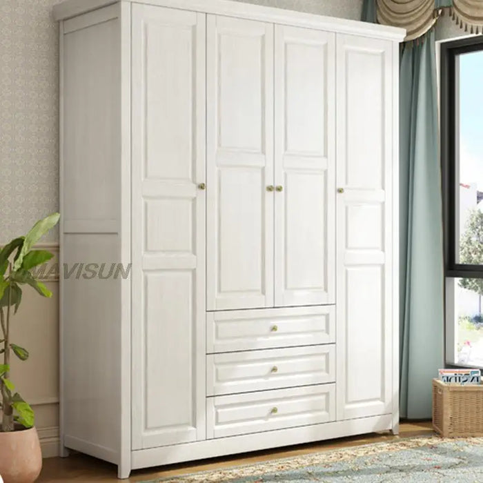 American Solid Wood Simple Bedroom Cupboard Cloakroom White Wardrobe Four-Door Large Closet Storage Cabinet Modular Shelves