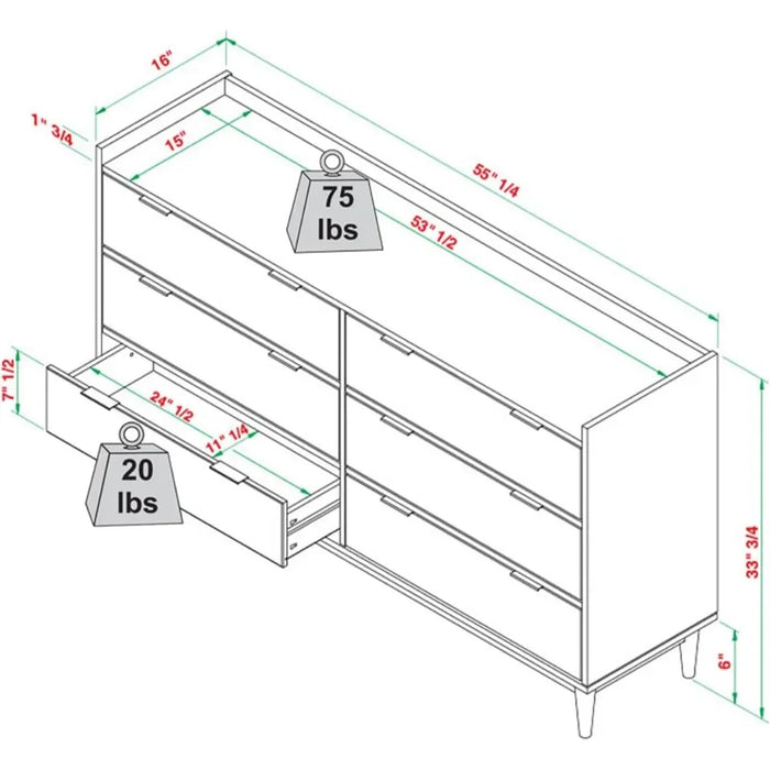 Modern Solid Wood 6-Drawer Dresser with Gallery-Top, 55 Inch, Caramel, dresser  tocadores para el dormitorio , makeup table