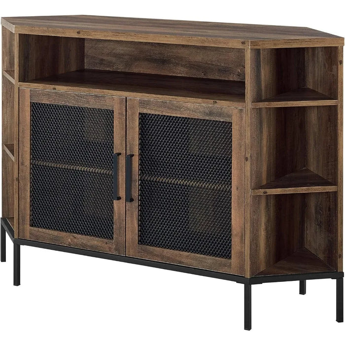 Modern Metal Mesh and Wood Corner Universal TV Stand with Open Shelves Cabinet Doors Storage 48 Inch, Rustic Oak