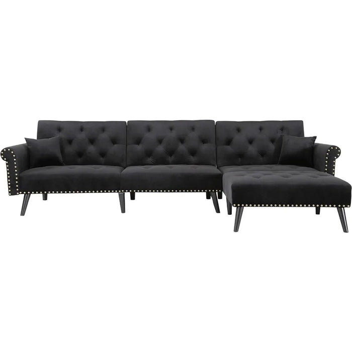 Velvet Convertible Sleeper Puffs Sofa Living Room Sofas Button Tufted Sectional Futon Sofa Bed Black Air Single Modern Furniture