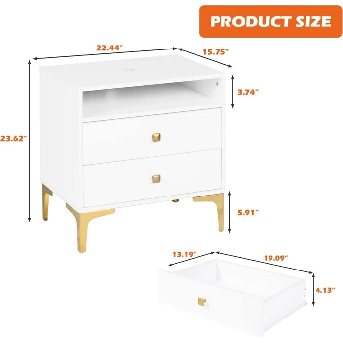 AILEEKISS Nightstands Set of 2 with Wireless Charging Function Wooden Night Stands 2 Sets with Drawers and Open Shelf