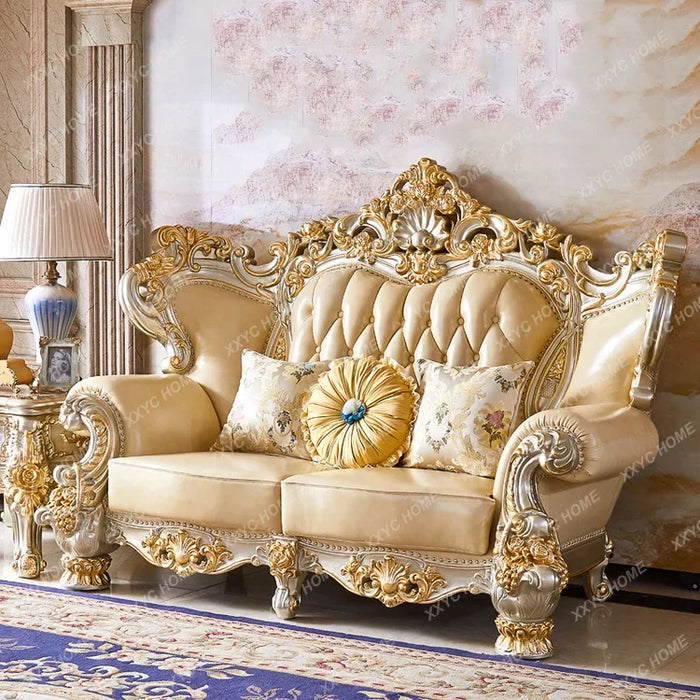 Sofa Leather Solid Wood High-End Villa Living Room Set Solid Wood Carved Large Apartment