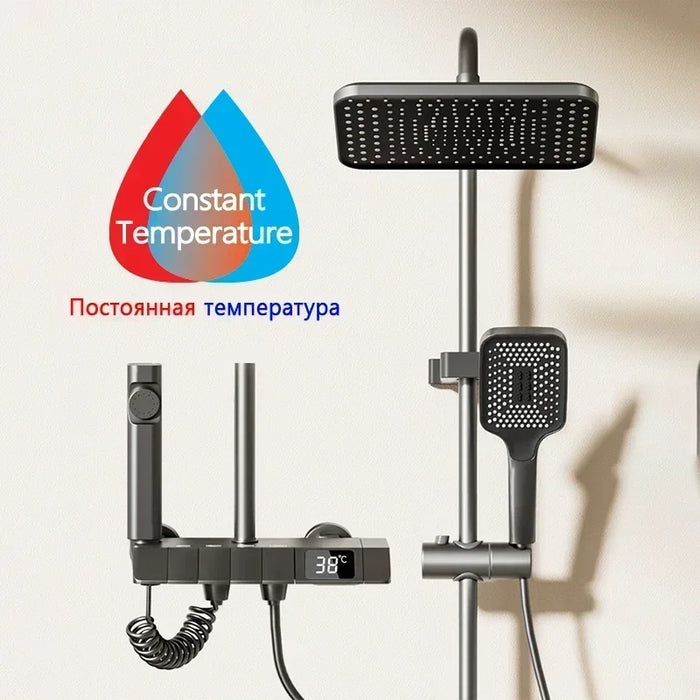 Bathroom Brass Shower System Full Set Grey Rain Showers Hot Cold Bathtub Faucet Shower Sets 4 Way Digital Temperature Shower Set