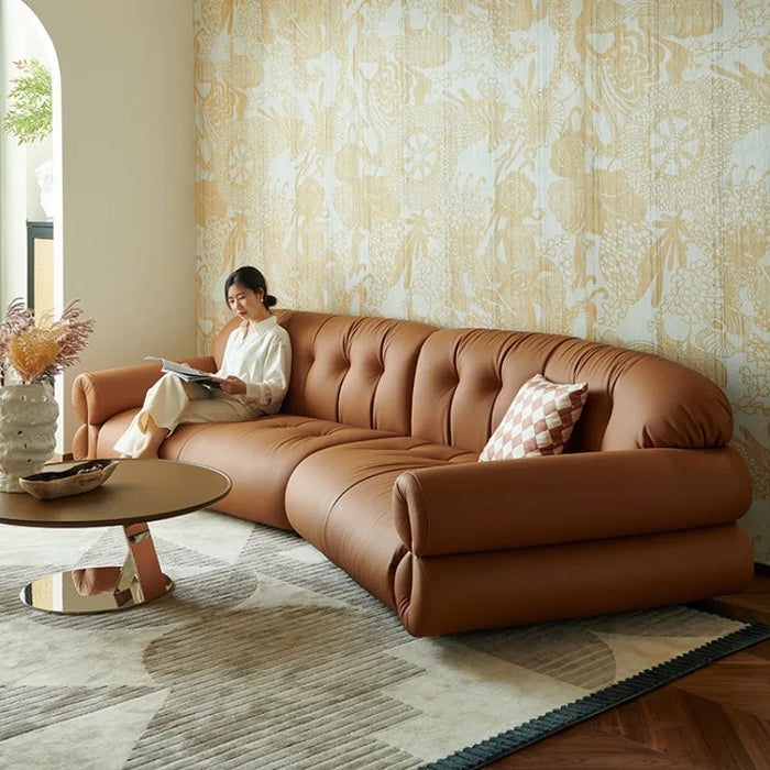 French retro light luxury leather sofa three middle black straight line head layer cowhide sofa