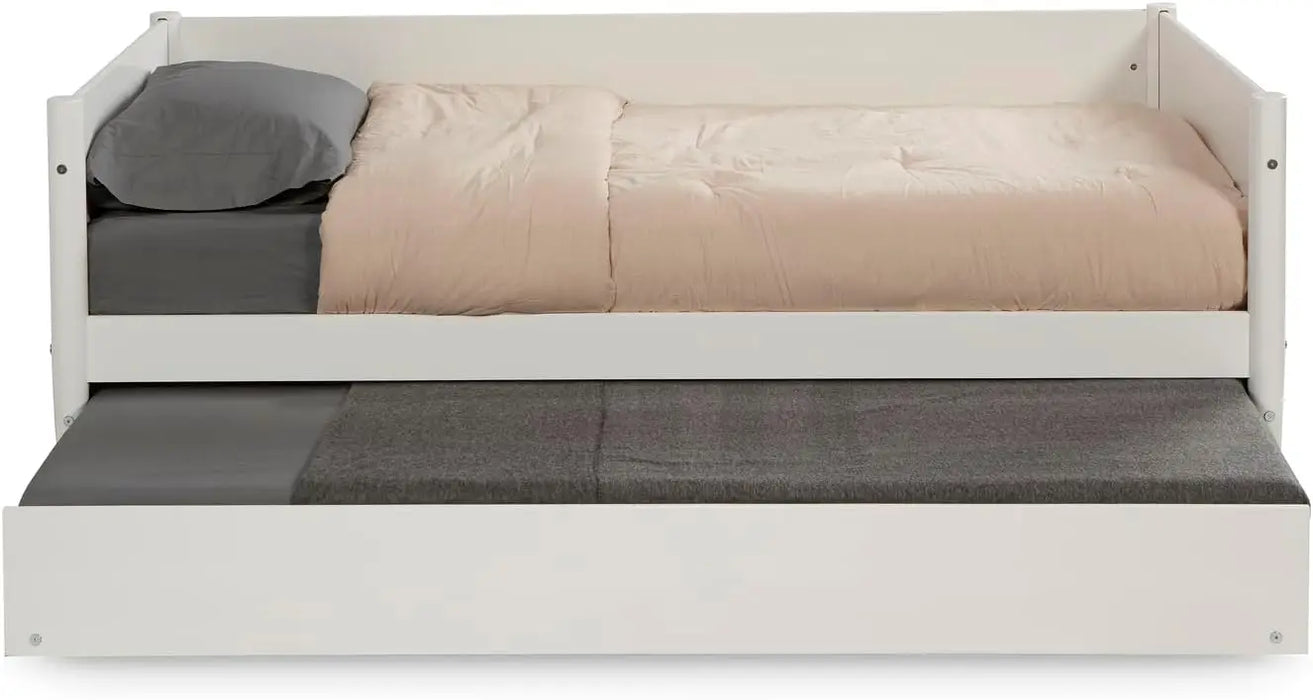 Mid-Century Modern Daybed-Trundle Set/Solid Wood/Panel Headboard/Mattress Foundation has 14 Wood Slats & Center Support
