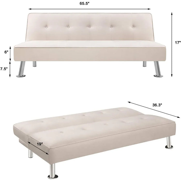 Sofa Bed Convertible Folding Futon Upholstered Sleeper Compact Fabric Recliner Sofa Legs Beige Couch