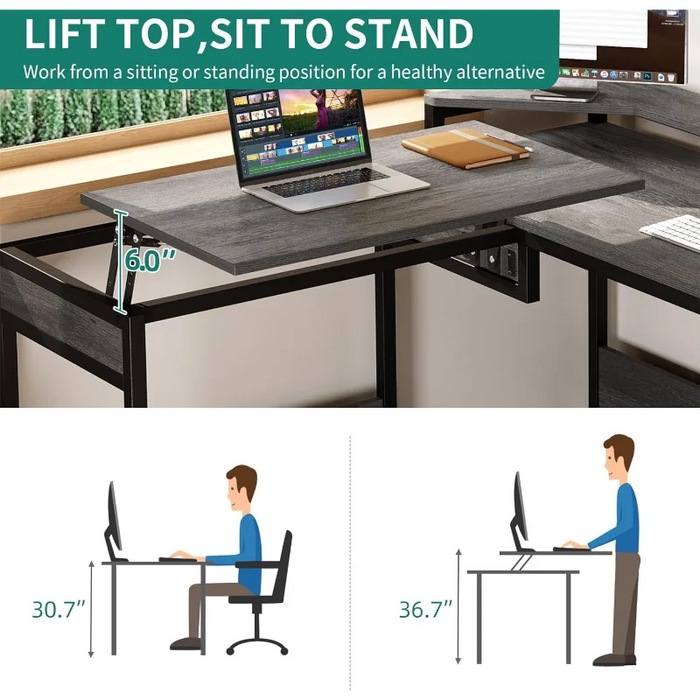 L Shaped Desk with File Drawer, 65" Large Computer Corner with Lift Top, Standing Desk Height Adjustable with