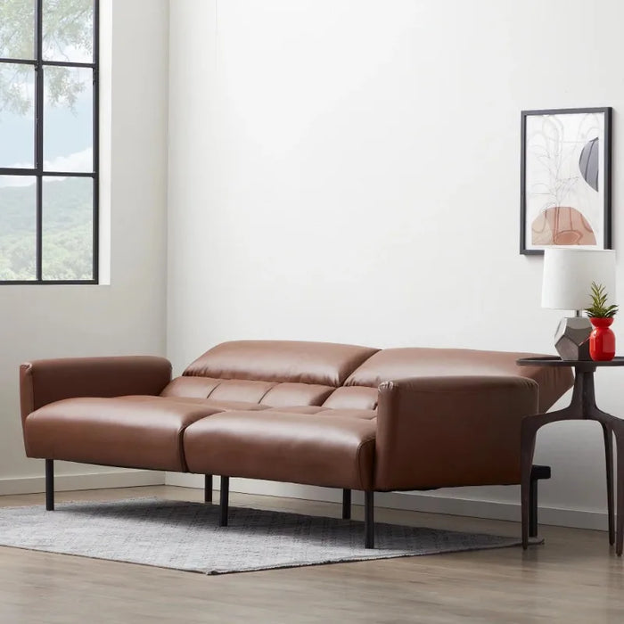 Mayview Sofa Bed with Box Tufting and Removable Arms, Brown Faux Leather