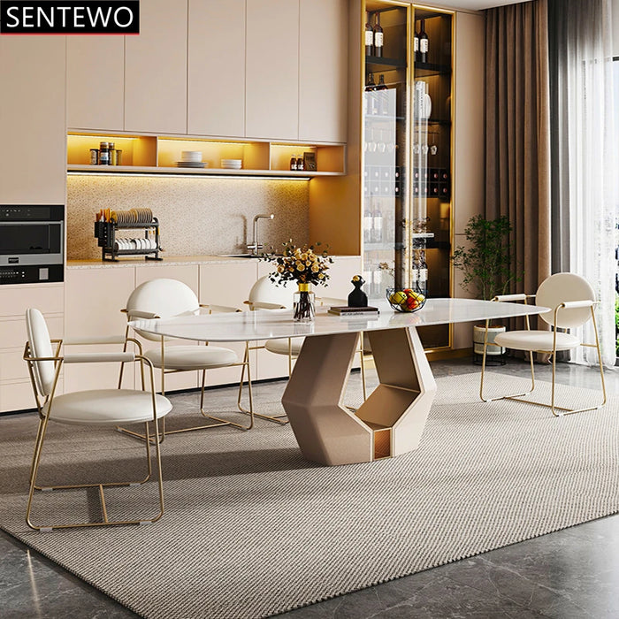 Luxury Rock Slab Dining Room Table 8 Chairs Set Stainless Steel Gold Frame Faux Marble Table Furniture Mesa Comedor Y Sillas