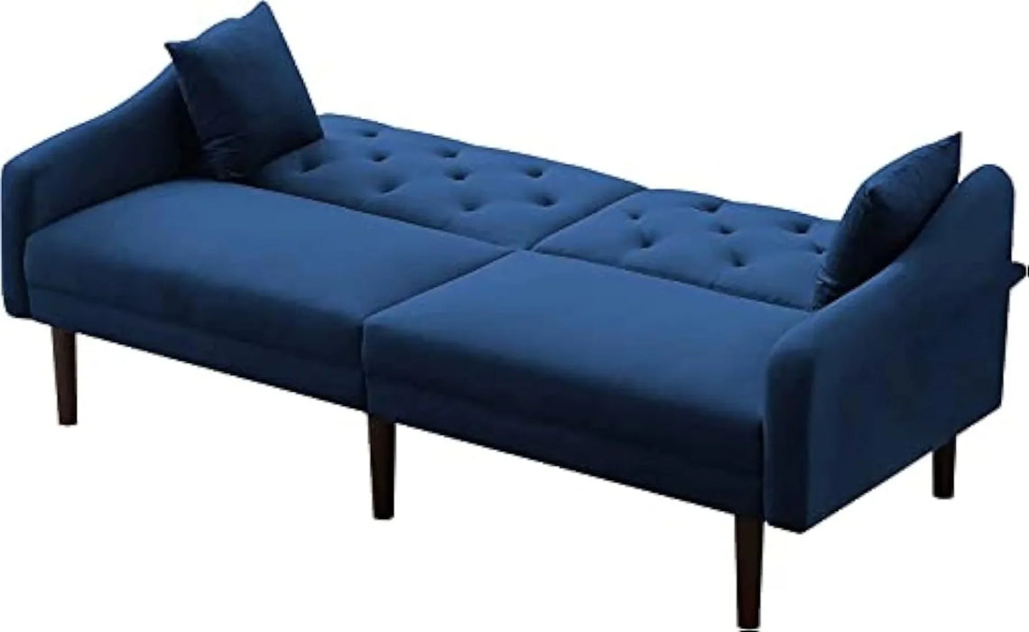 Convertible Sleeper Futon Sofa with 2 Pillows, Velvet Tufted Couch w/Metal Legs and Adjustable Backrest, Blue