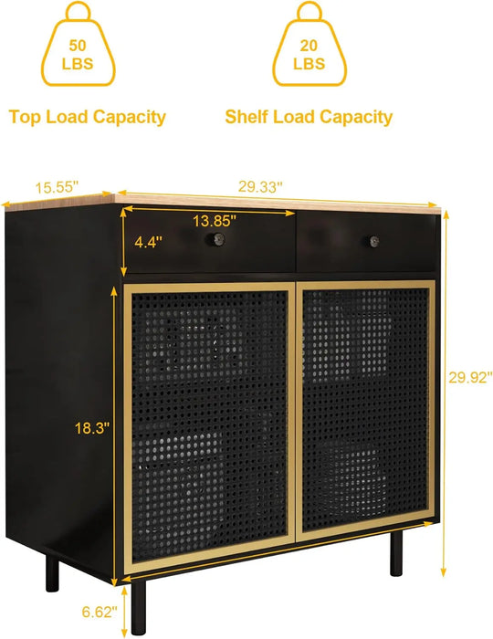 Modern Buffet Sideboard Cabinet, Iron Rattan Kitchen Accent Storage Cabinet Console Television Table with 2 Doors and 2 Drawers,