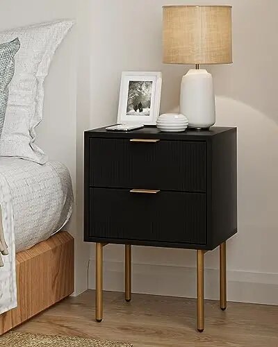 Bedside Table with Gold Frame,Side Table with Two Drawers,Bedside Furniture,Drawer Dresser with Mid-Century Modernfor Bedroom,Li