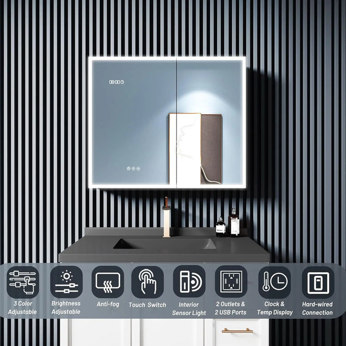 Medicine Cabinet W/Lights, 36×30 Inch Lighted Medicine Cabinet W/ Mirror, 2 Door Bathroom Mirror Cabinet W/2 Outlets & USB Ports