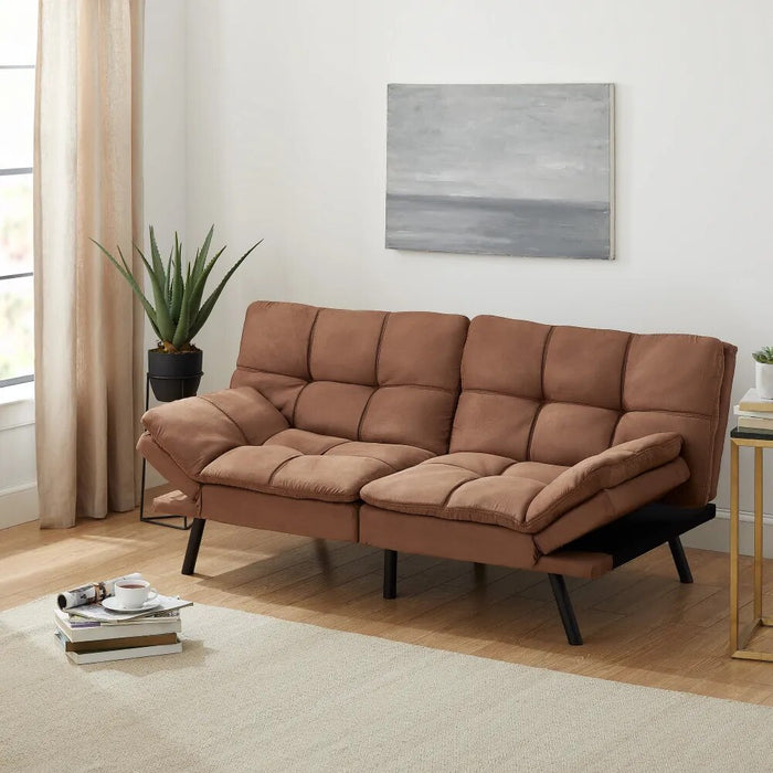 Memory Foam Futon, Camel Faux Suede Fabric，Living Room Sofas，Durable and Strong，72.00 X 34.00 X 32.00 Inches