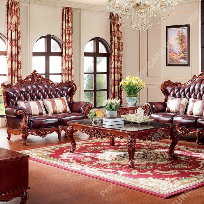European genuine leather solid wood carved luxury sofa set living room furniture living room sofas