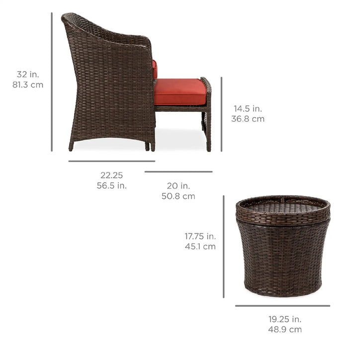 5-Piece Red Outdoor Wicker Patio Bistro  Furniture Set w/ Storage Table, No Assembly