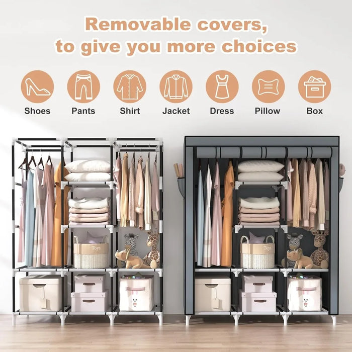 Portable Closet Wardrobe for Hanging Clothes, Sturdy Large Wardrobe Closet for Bedroom Free Standing Clothes Rack with Cover