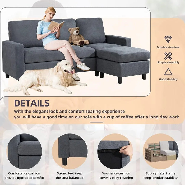 Shintenchi Convertible Sectional Sofa , Modern Linen Fabric L-Shaped Couch 3-Seat Sofa Sectional with Reversible Chaise