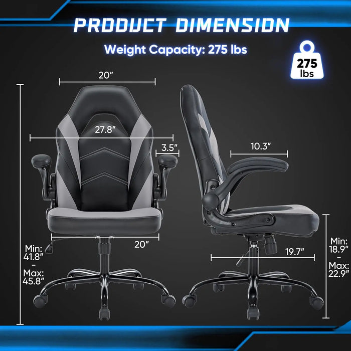 Office Ergonomic Computer Gaming Desk Racing Chair for Adults, Flip-up Arms Adjustable Height PU Leather Swivel with Wheel