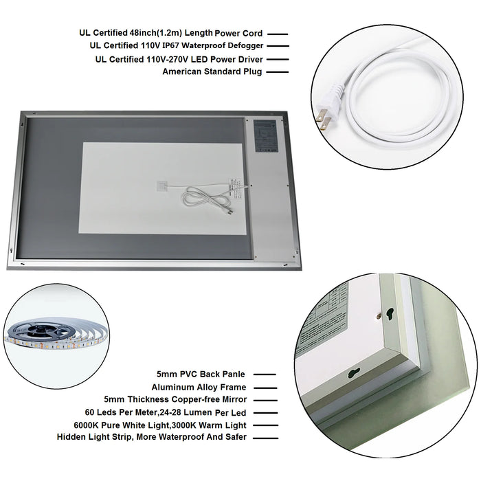 Smart LED Vanity Bathroom Mirror Wall Mounted Anti-Fog Dimmable Makeup Mirrors BackLight Home Decorative Mirror With Bluetooth