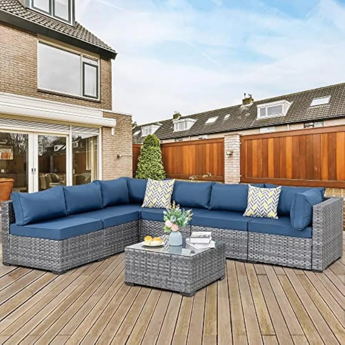 7 Pieces Outdoor Patio Sectional Sofa Couch, Wicker Furniture Conversation Sets with Washable Cushions & Glass Coffee Table