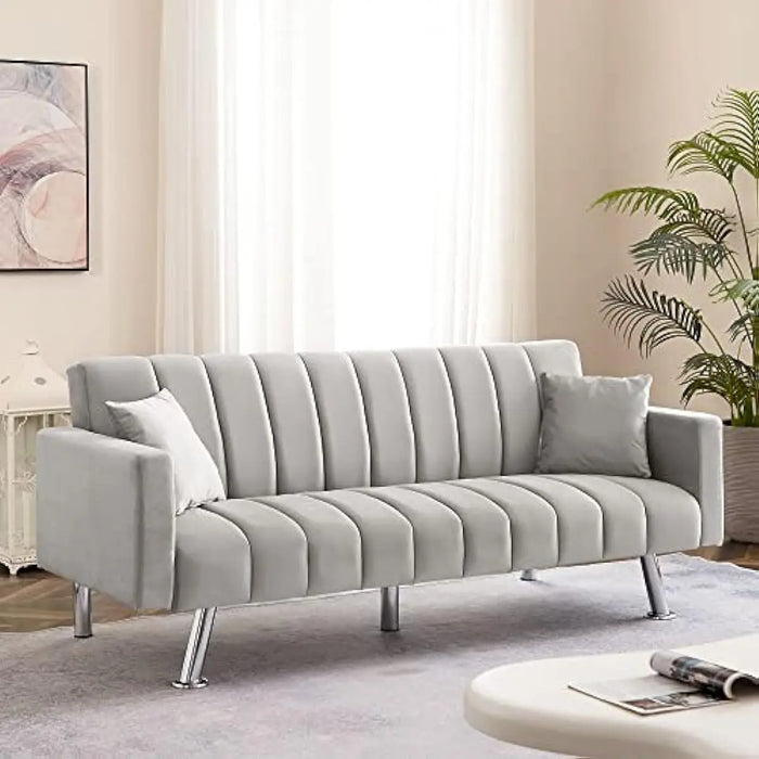 Sofa Bed, Upholstered Convertible Sofa Bed with 2 Pillows, Modern Sleeper Sofa Couch with Wooden Frame and Metal Legs (Gray)