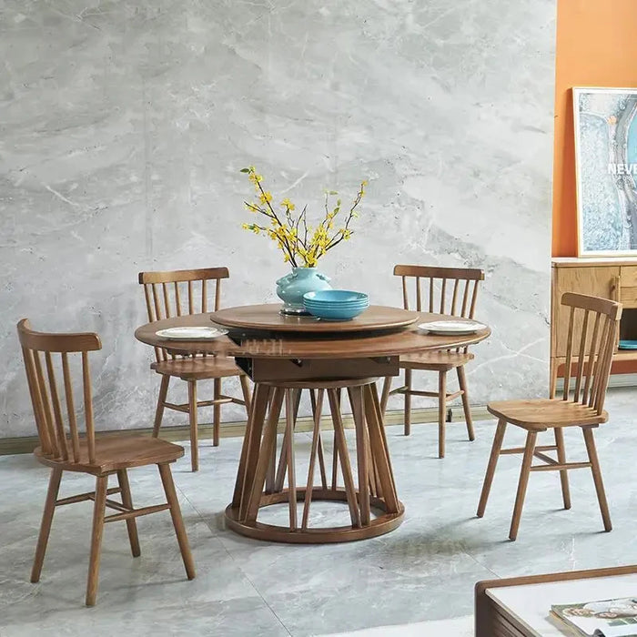 Classical Solid Wood Kitchen Table Sets 6 Chairs Extendable Round Dining Tables With Turntable For Dinner Minimalist Furniture