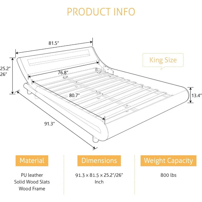 LED extra large luxury padded bed frame with adjustable headboard - slim sled design, wooden support, no need for spring box