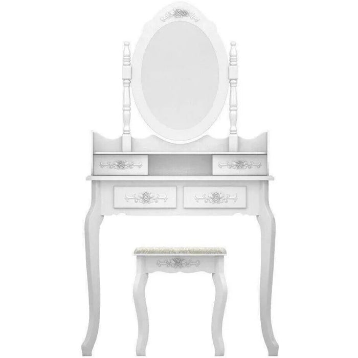 White Vanity Jewelry Makeup Dressing Table Set W/Stool 4 Drawer Mirror Wood Desk,Dressers for  Bedroom Furniture