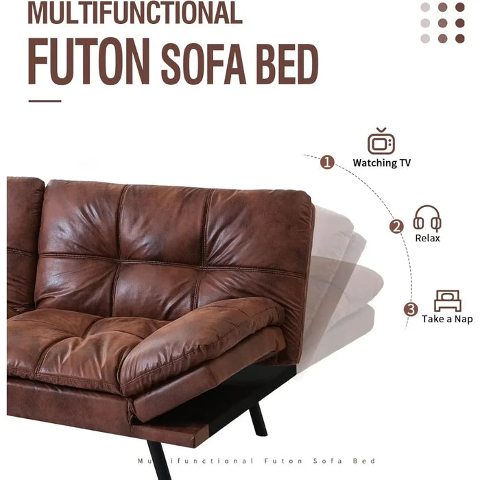 Futon Sofa Bed 71 Inch 3-Seater Modern Faux Leather Couch, Convertible Sleeper with Adjustable Armrests for Studio, Mid-Brown